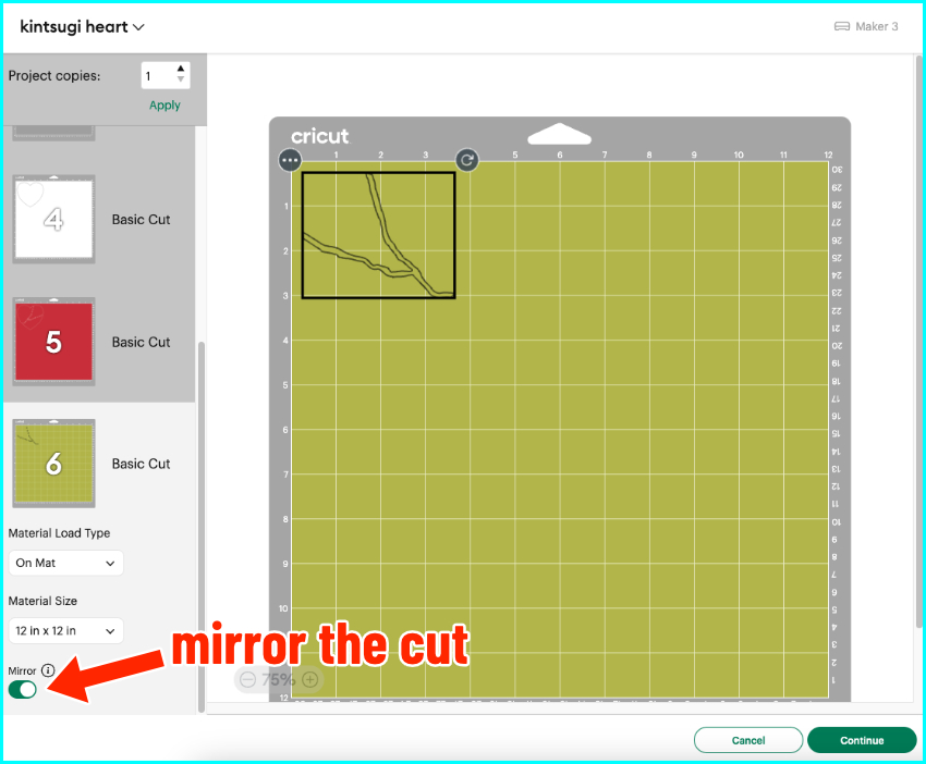 screenshot of Cricut Design Space showing mirroring of image in Mat Preview window before cutting design