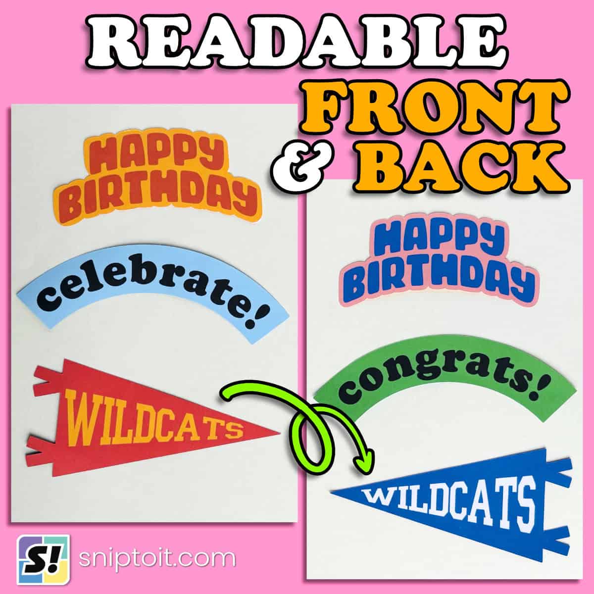 side by side images of print and cut cartoon characters showing the front side and the back side printed in perfect alignment