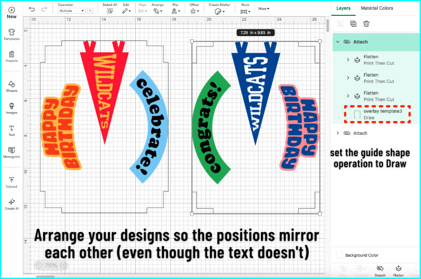 screenshot showing front and back text images attached to their respective print then cut area guides. the positions of the front 3 designs and back 3 designs are mirrored, but the text is not. Each guide SVG has had its operation changed to draw