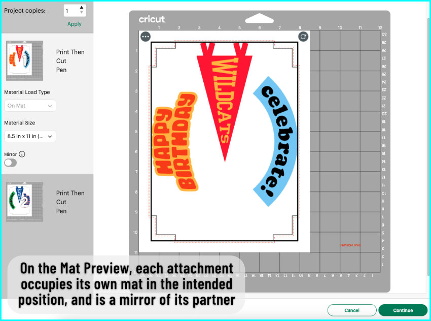screenshot showing the front and back designs for double-sided print then cut in the Mat preview screen. The positions of the 3 front designs and 3 back designs are mirrored, and the fronts and backs are on 2 separate mats