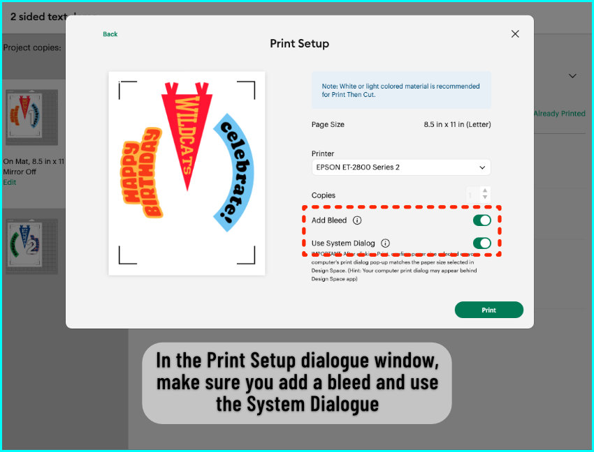 screenshot of sending the mat of front designs to the printer for double-sided print then cut