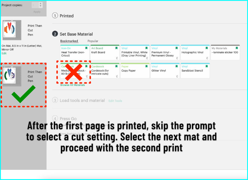 screenshot of design space set load and go screen showing double-sided print then cut being set up by printing the front images, then ignoring the material selection option and just choosing the second mat to print before cutting