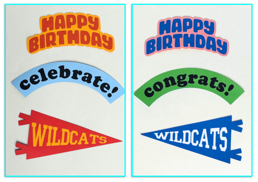 photos of finished 2-sided print then cut text projects, with front and back photos side-by-side. 2-sided text projects were made by flattening text to an offset, a symmetrical shape (arch), and an asymmetrical shape (pennant)
