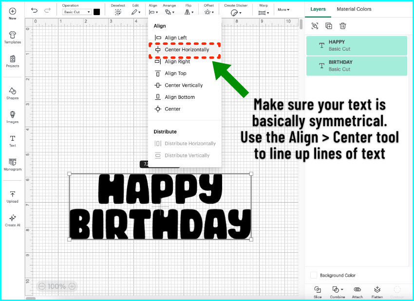 screencap of design space canvas showing HAPPY BIRTHDAY text in block font, with the words stacked and ready to create a front and back text image