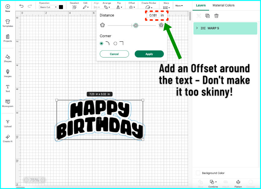 screencap showing warping of HAPPY BIRTHDAY and adding an offset before creating a front and back version of the text for print and cut