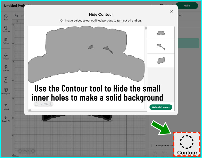 screencap showing the use of the contour tool to hide all contours in an offset layer, creating a solid base shape