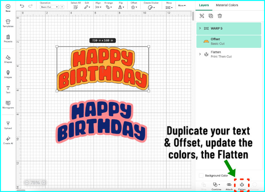 screencap of 2 copies of HAPPY BIRTHDAY text, with different color offsets and text, flattened with their offsets and ready for double-sided print then cut