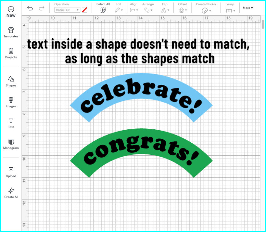 screencap of "celebrate!" and "congrats!" text curved and fit into an arch shape, showing how text on the front and back of a symmetrical shape can be used for double-sided print then cut