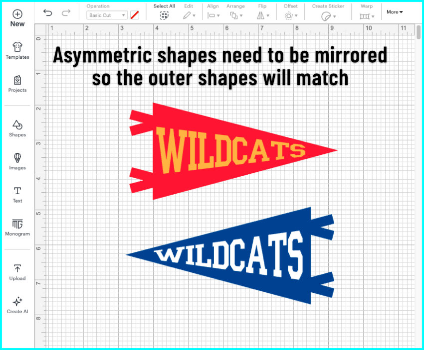 screenshot of 2 identical pennant shapes, one red, one blue. Each pennant will be one side of a 2-sided text print then cut project, with the word "Wildcats" warped to fit each side of the pennant in different orientations. The pennant shape has been mirrored, but the text has not.