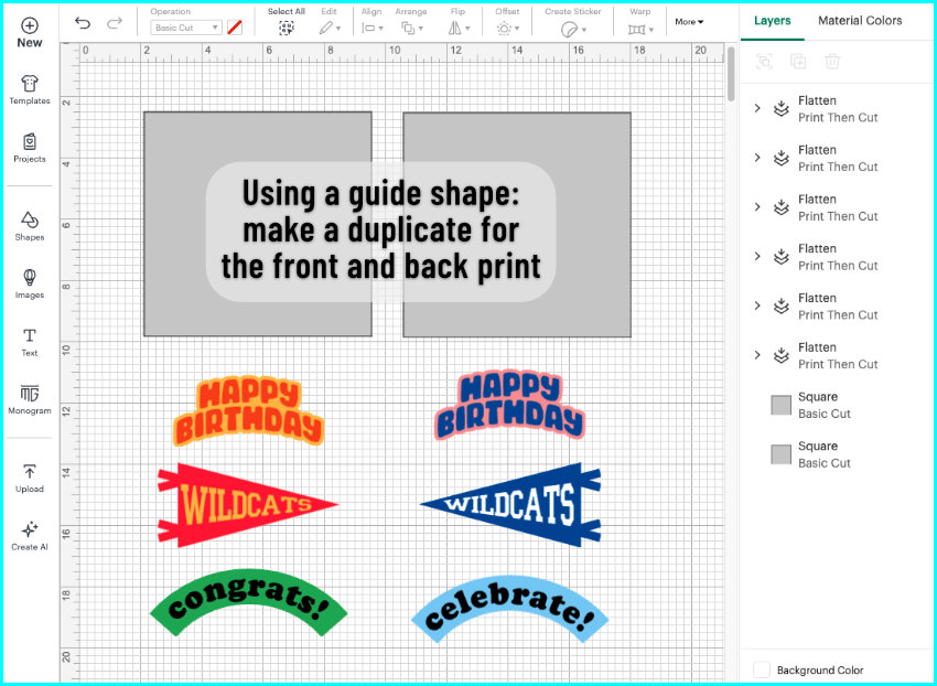 screencap of guide squares for doing double-sided print then cut in design space