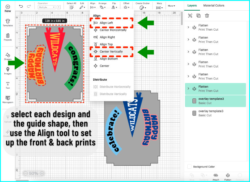 screenshot of aligning all 3 front designs on the maximum print then cut area guide shape using the Align tool