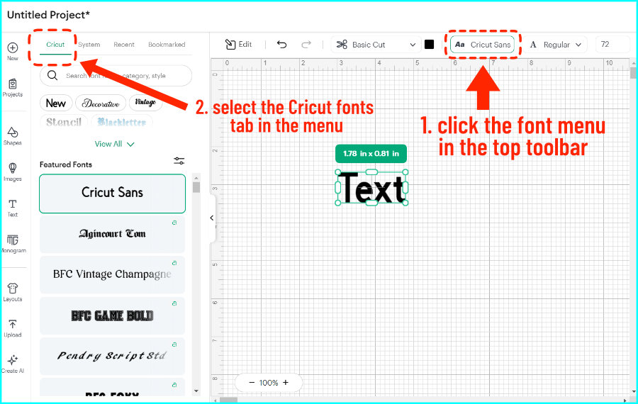 screencap of cricut design space canvas showing how to open font menu