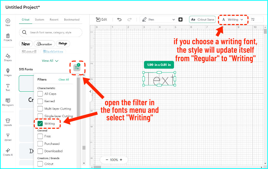 screencap showing how to filter for writing fonts in the design space font menu