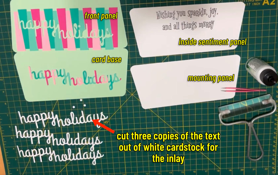 image of the pre-assembly pieces of an mid-century themed green and pink christmas card. the card base, front panel, mounting panel and sentiment panel are all labeled, a well as the layers of inlay text