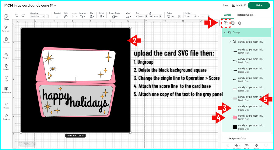 Design space screenshot annotated to show the steps to prepare the candy striped inlay card SVG for cutting