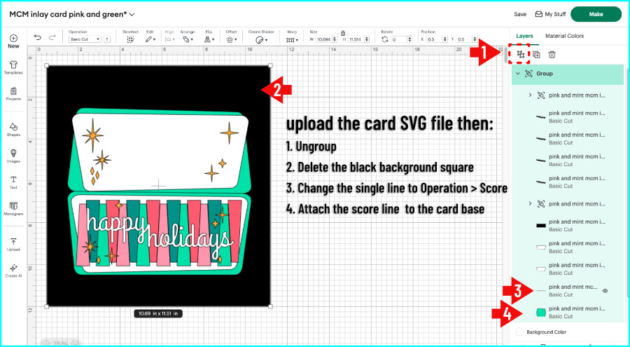 Design space screenshot annotated to show the steps to prepare the mint and pink striped inlay card SVG for cutting