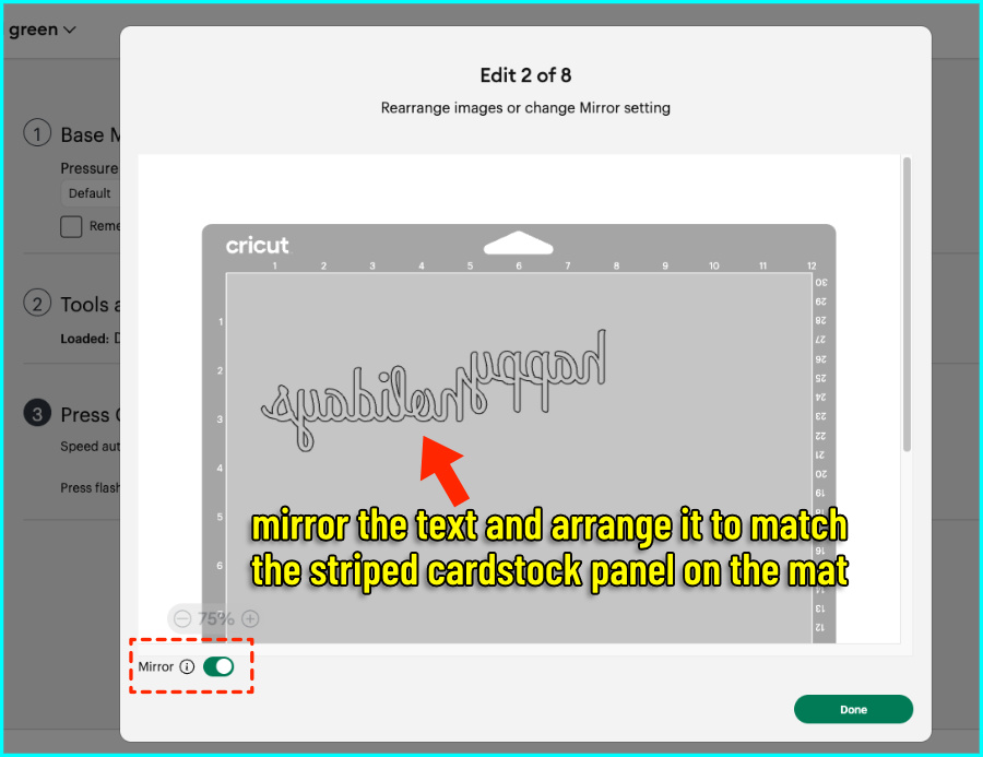 Design Space screenshot showing that the text for the front of the cards should be mirrored and positioned in the mat preview so it matches the placement of the custom cardstock on the cutting mat