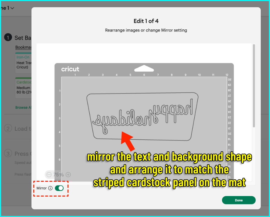 Design Space screenshot showing that the front panel and attached text should be mirrored and positioned in the mat preview so it matches the placement of the custom cardstock on the cutting mat