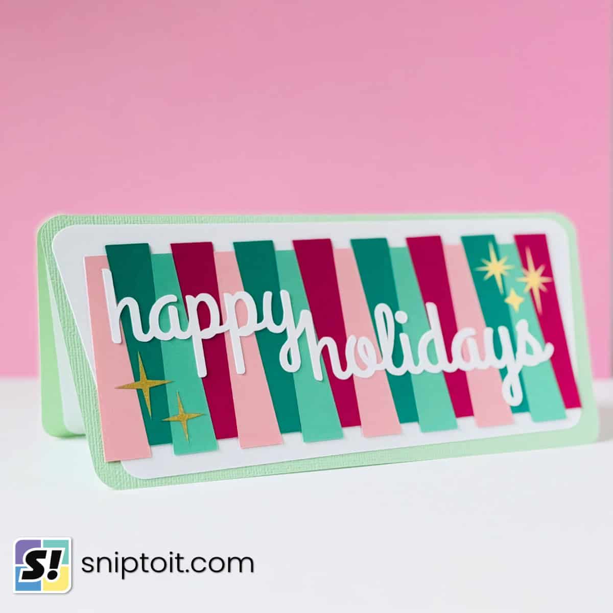 article feature image featuring images of finished mid-century modern style christmas inlay cards embellished with sparkle vinyl starburts and custom striped cardstock
