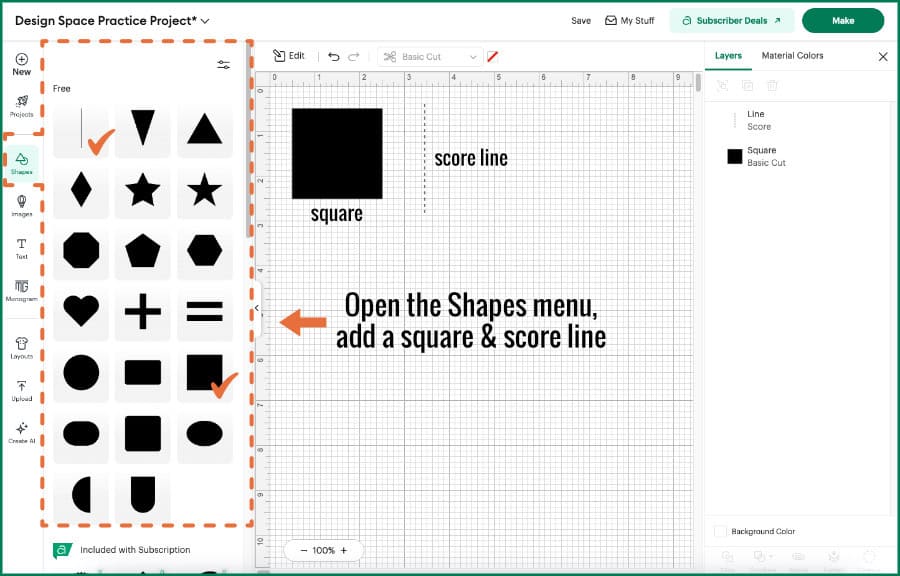 Design Space screenshot showing the the Shapes menu opening from the Design Panel and a square and score line added to the Canvas window