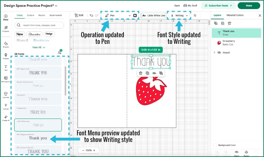 Design Space screenshot showing changes to the Edit Bar after a Writing font has been selected. The operations menu and the Font Style have been automatically updated, and the font previews in the font menu show the font in the Writing style