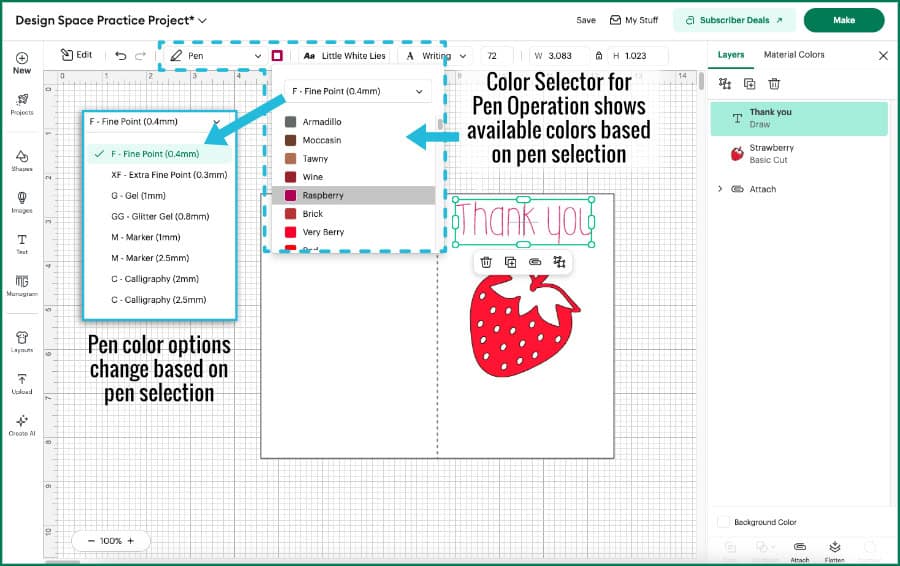 Design Space screenshot showing the color selection menu for a text block layer with the Pen operation assigned. Options are expanded to show pen widths, and color options available for each pen width