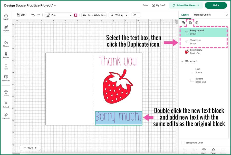 Design Space screenshot showing a text block duplicated and retaining its previous properties, then updated with new text