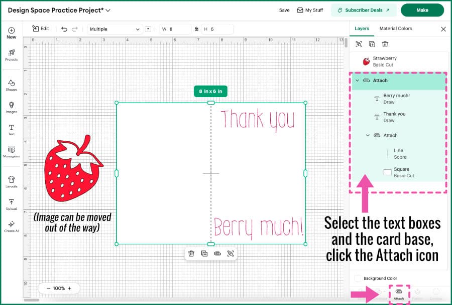 Design Space screenshot showing text blocks being attached to a pre-existing attachment (card base)