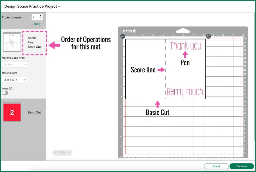 screenshot of the Design Space Prepare screen, highlighting the order of operations for each mat