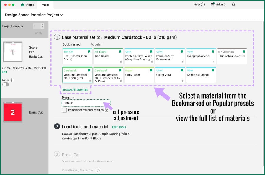 Design Space screenshot showing the material preselect options on the Make Screen