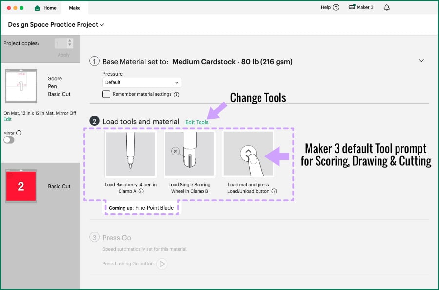 Design Space screenshot showing the default tool prompts for Scoring, Pen and Cutting for the Maker 3