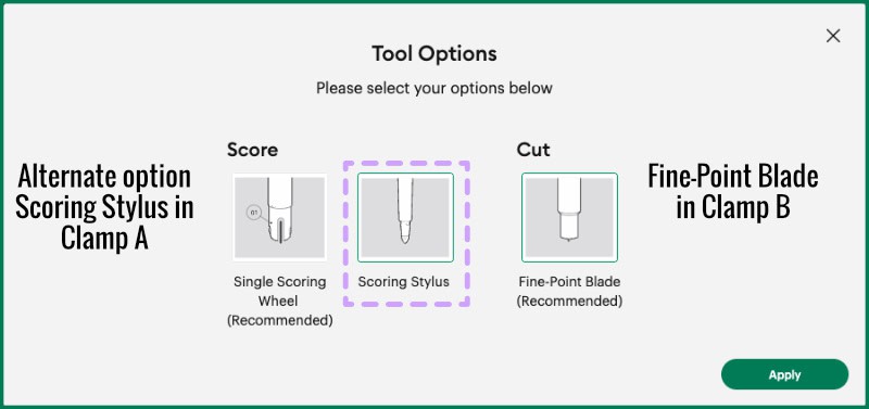 Design Space screenshot showing the Tool Edit popup, where the Scoring Stylus can be swapped for the Scoring Wheel