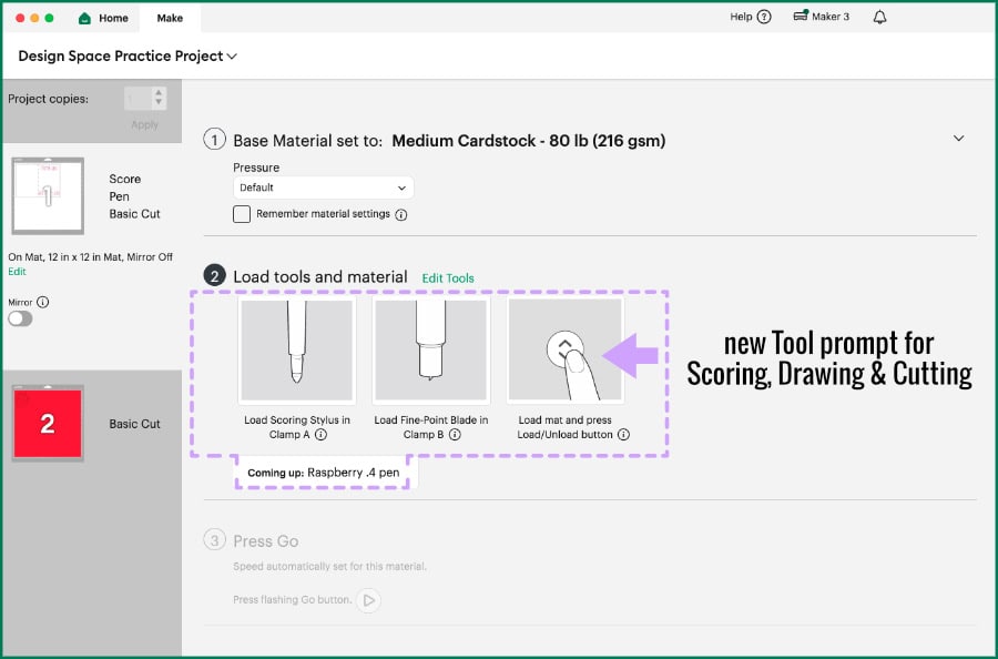 Screenshot showing the updated tool prompts on the Design Space Make screen
