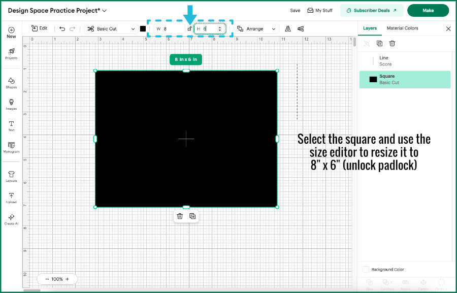 Design Space screenshot showing the size selection tool highlighted in the Edit bar, and the original square shape being resized into a larger rectangle