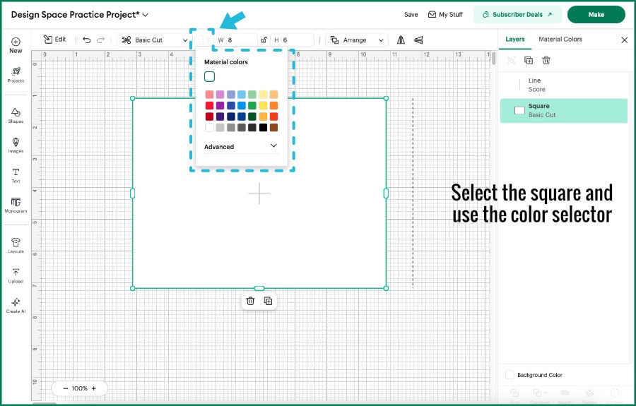 screenshot of the Design Space Canves, with the Color Selection menu opened to change the color of a rectangle shape on the canvas