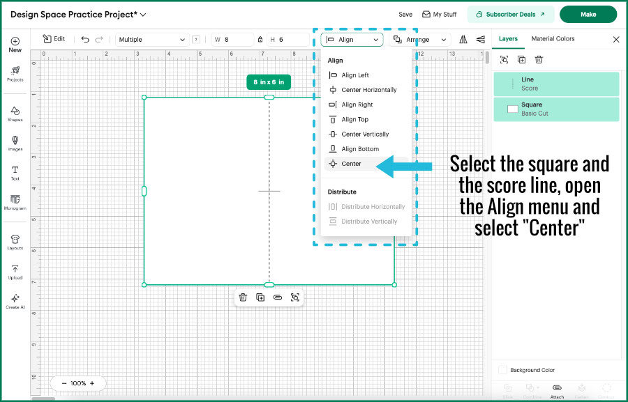 Design Space Canvas screenshot showing a rectangle shape and score line selected and aligned using the Alignment tool in the Edit Bar