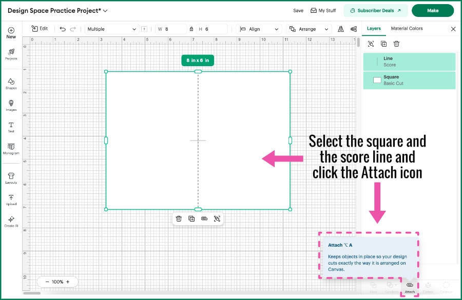 Screenshot of the Design Space Canvas, showing a rectangle and a score line selected then grouped together using the Attach tool, meaning that these shapes will be grouped together in the preparation stage of the project and executed on the same mat in their current configuration