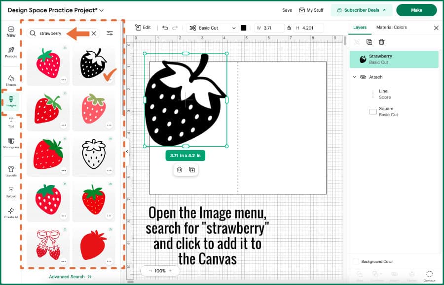 Design Space screenshot showing the image menu open in the Design Panel and search results for the term strawberry. A single color image has been selected and added to the Canvas