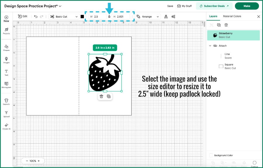 Design Space screenshot showing the size editor being used to resize an image on the Canvas. The padlock is closed to maintain the aspect ratio