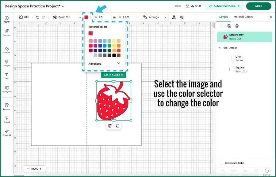 screenshot of the Design Space Canvas showing the color selector being used to change the color of an image on the canvas