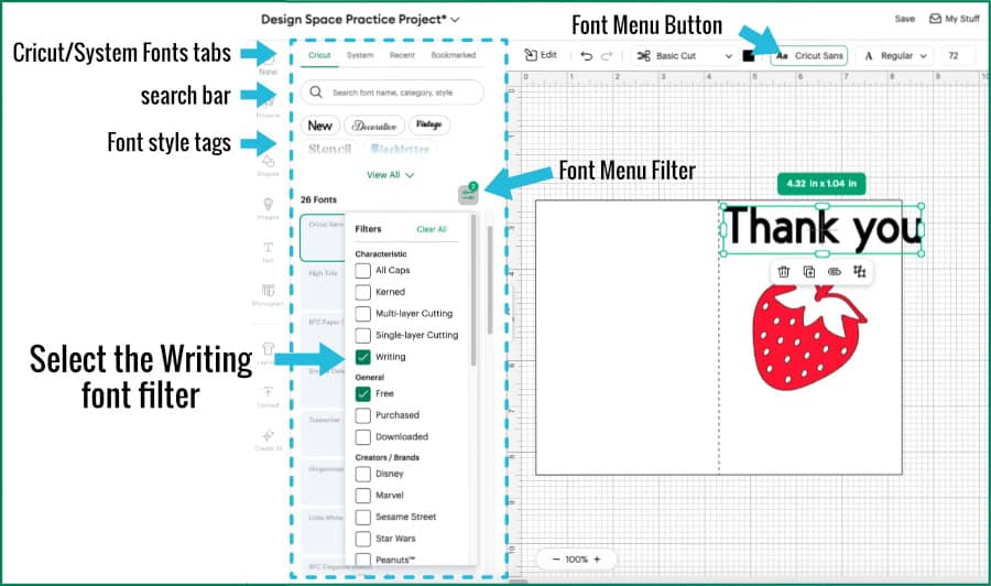 Annotated screenshot showing the filter options inside the Design Space Font Menu