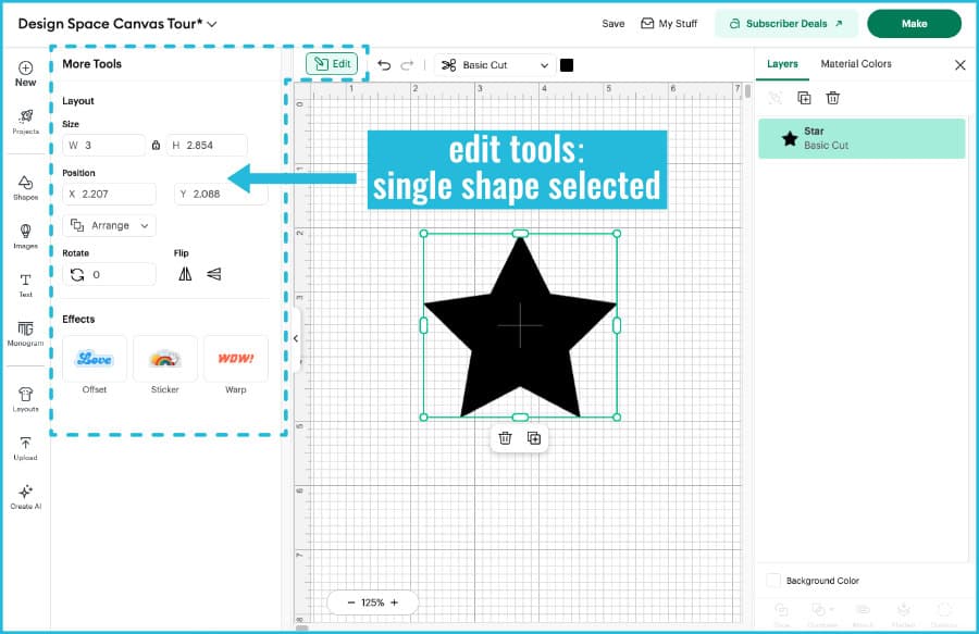 screenshot of edit tools available in the flyout menu when a shape is selected on the design space canvas