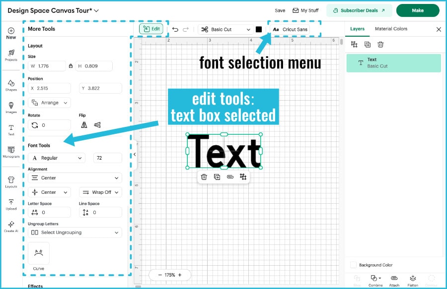 screenshot of edit tools available in the flyout menu when a text box is selected on the design space canvas