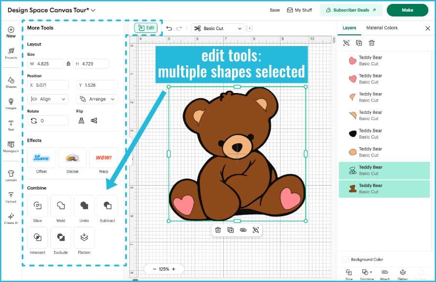 screenshot of edit tools available in the flyout menu when multiple shapes are selected on the design space canvas