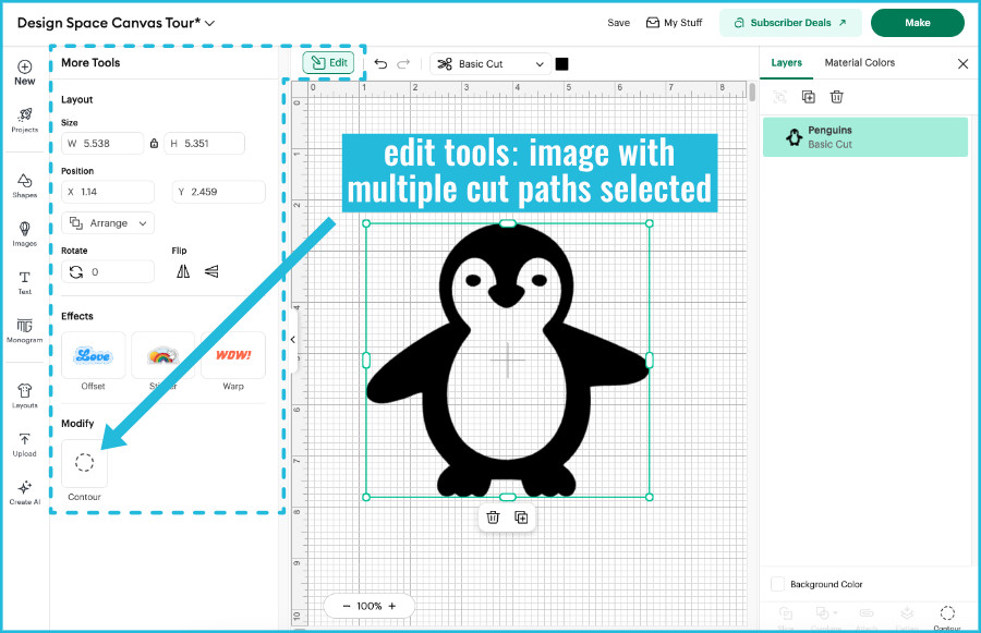 screenshot of edit tools available in the flyout menu when a shape with interior cut lines is selected on the design space canvas