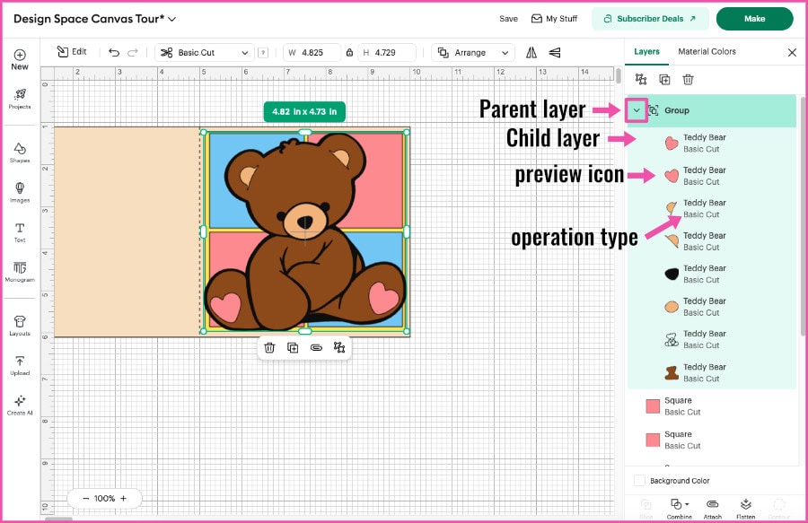 screenshot showing Layers Panel for a baby shower card in design space, highlighting the basic features of the panel