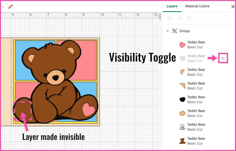 screenshot from cricut design space showing the visibility toggle in the layers panel