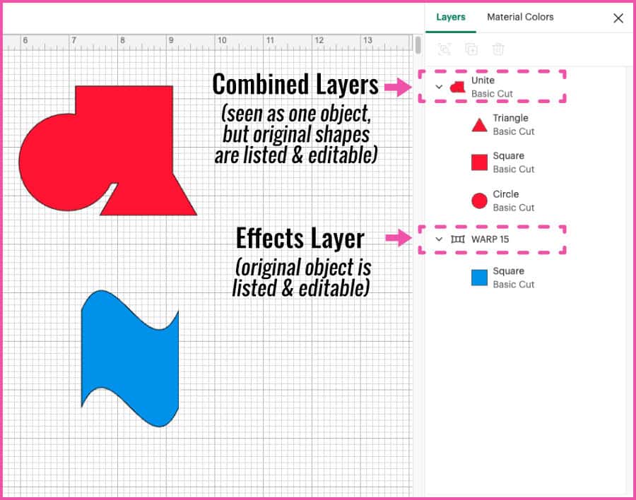 screenshot of layers panel for combined and warped objects in cricut design space