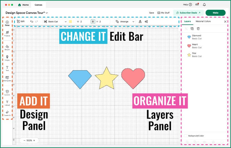 screenshot of cricut design space canvas showing 3 zones: design panel, edit bar, and layers panel