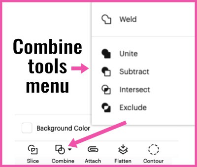 screenshot showing the tools at the bottom of the layers panel in cricut design space, including the combine tools menu flyout